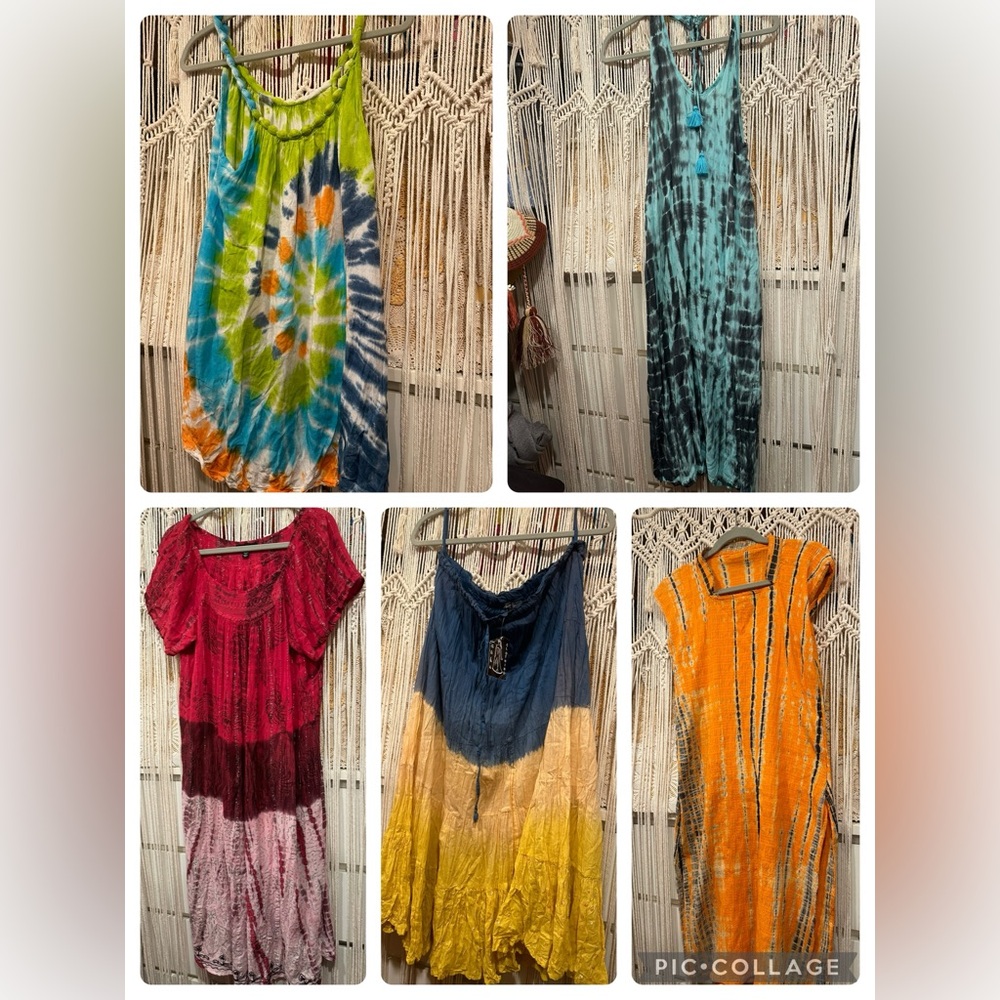 Tie dye lot 5 pieces dresses skirts tops free size m boho festival tassels maxi